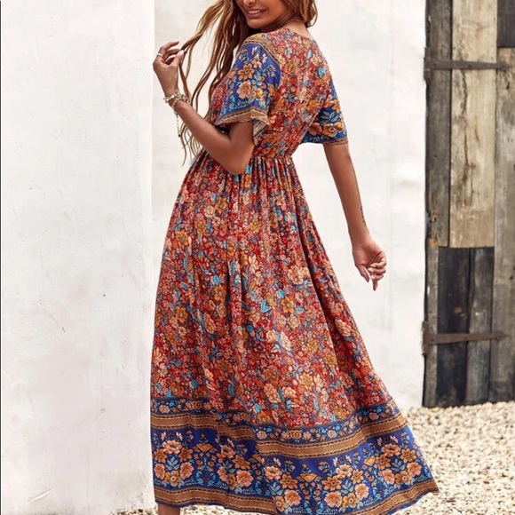 Boho floral print knot front A line dress - Picture 2 of 7